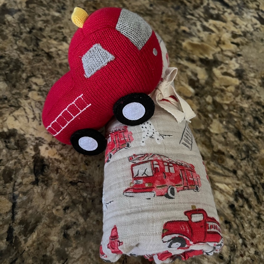 Mud Pie Fireman swaddle and rattle set